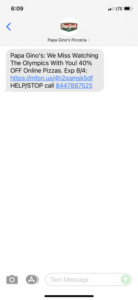 Papa Gino's Text Message Marketing Example - 08.02.2021