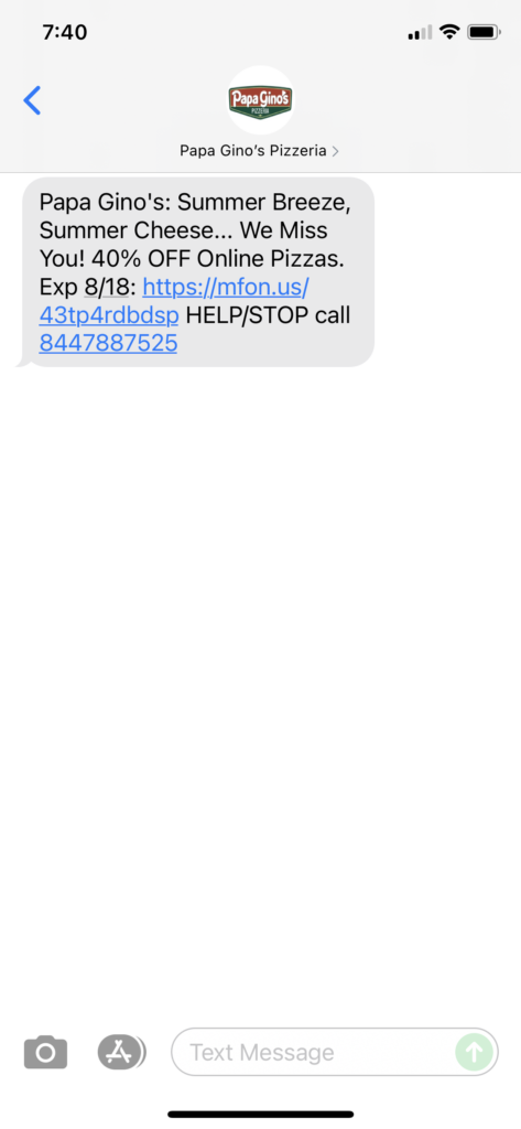 Papa Gino's Text Message Marketing Example - 08.16.2021
