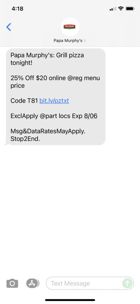 Papa Murphy's Text Message Marketing Example - 08.05.2021