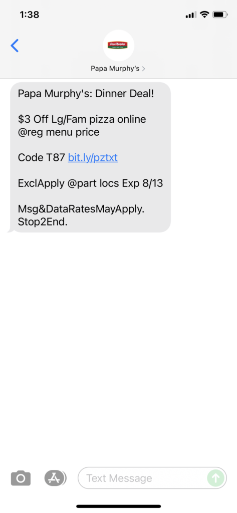 Papa Murphy's Text Message Marketing Example - 08.12.2021