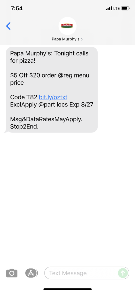 Papa Murphy's Text Message Marketing Example - 08.26.2021
