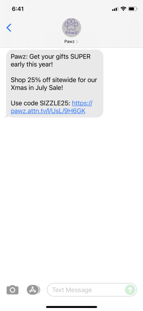 Pawz Text Message Marketing Example - 07.31.2021