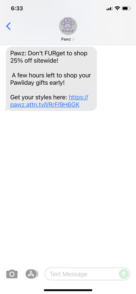 Pawz Text Message Marketing Example - 08.01.2021
