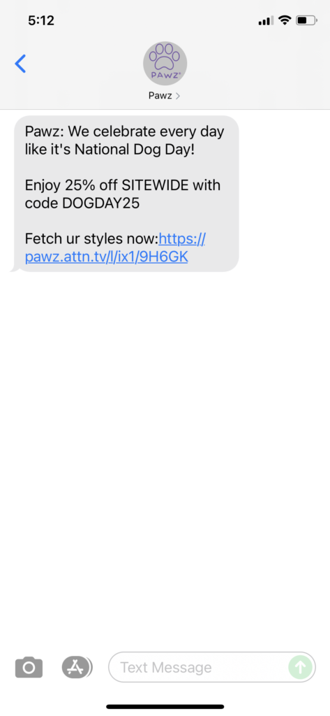 Pawz Text Message Marketing Example - 08.27.2021
