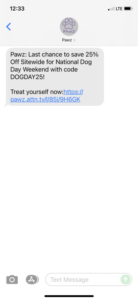Pawz Text Message Marketing Example - 08.29.2021