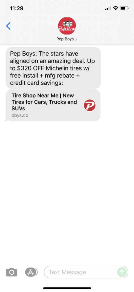 Pep Boys Text Message Marketing Example - 08.20.2021