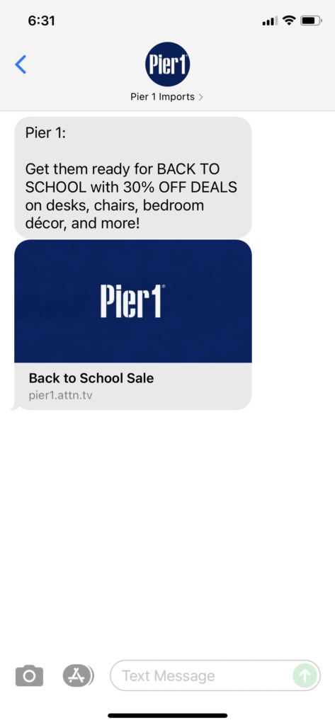Pier 1 Text Message Marketing Example - 08.01.2021