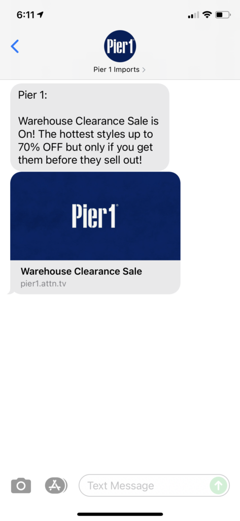 Pier 1 Text Message Marketing Example - 08.20.2021