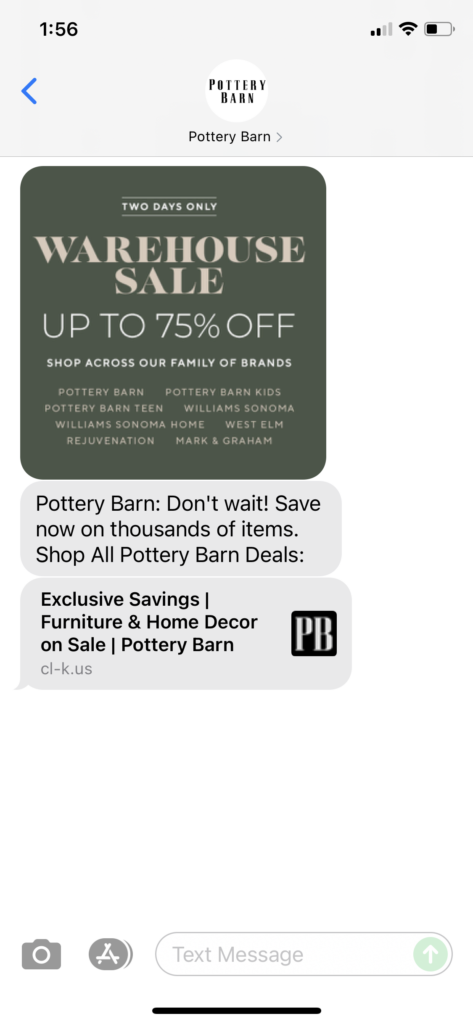 Pottery Barn Text Message Marketing Example - 08.09.2021