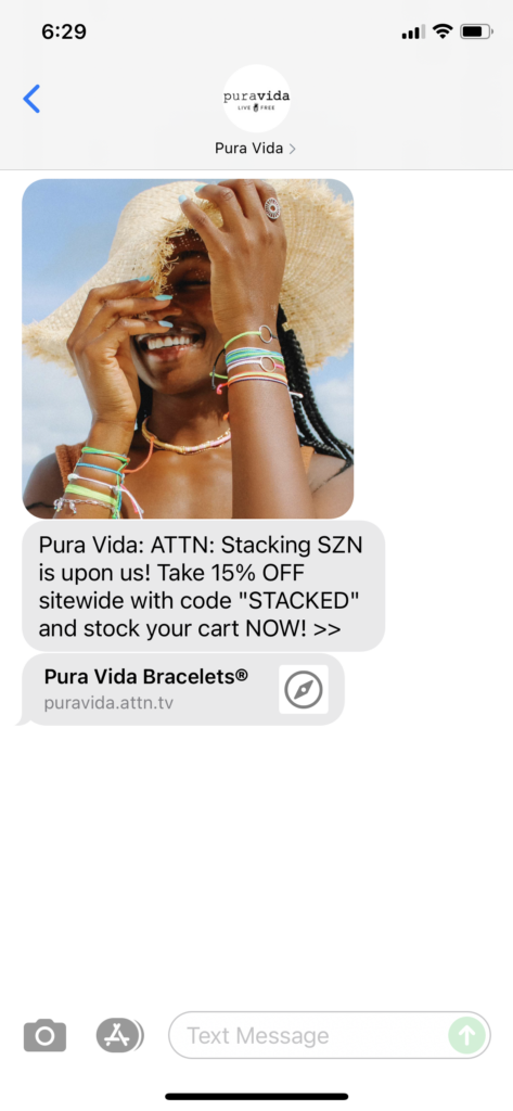 Pura Vida Text Message Marketing Example - 08.01.2021