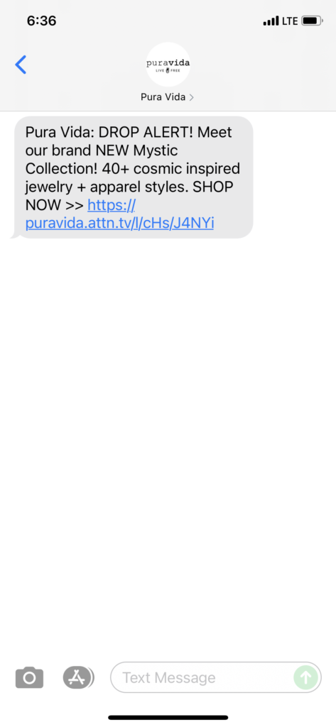 Pura Vida Text Message Marketing Example - 08.10.2021