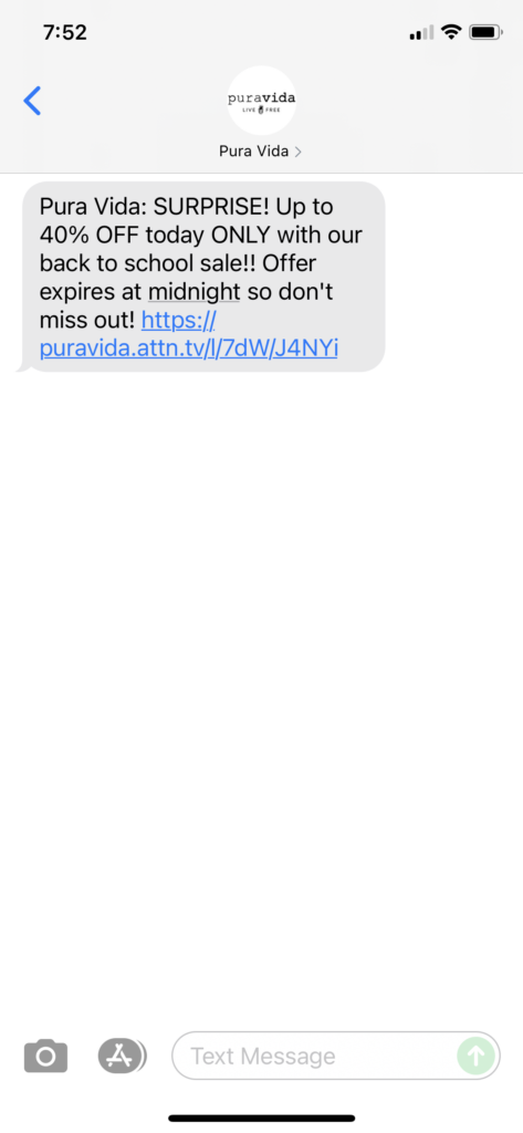 Pura Vida Text Message Marketing Example - 08.15.2021