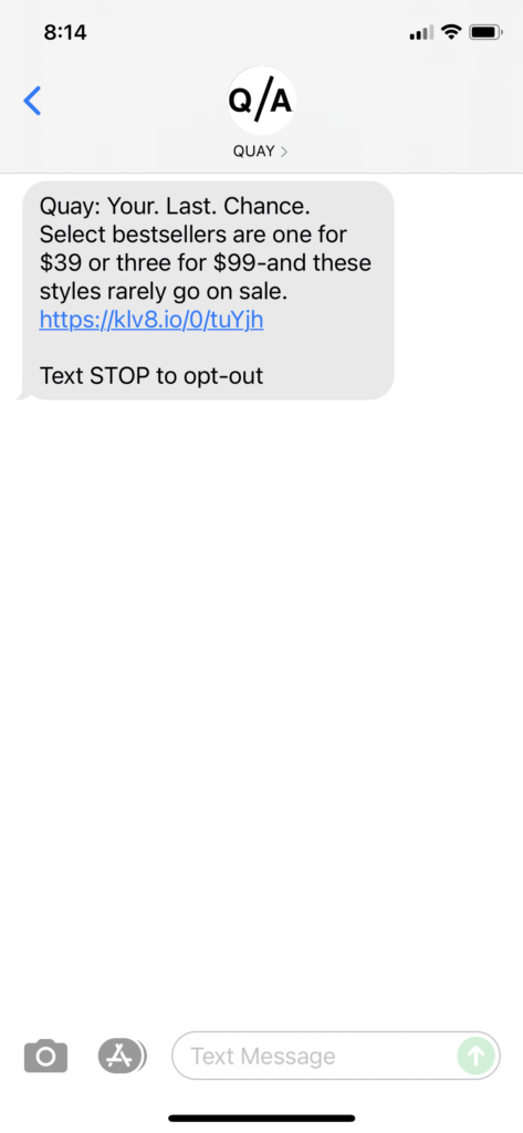 Quay Text Message Marketing Example - 08.18.2021