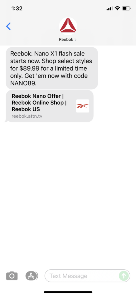 Reebok Text Message Marketing Example - 08.24.2021