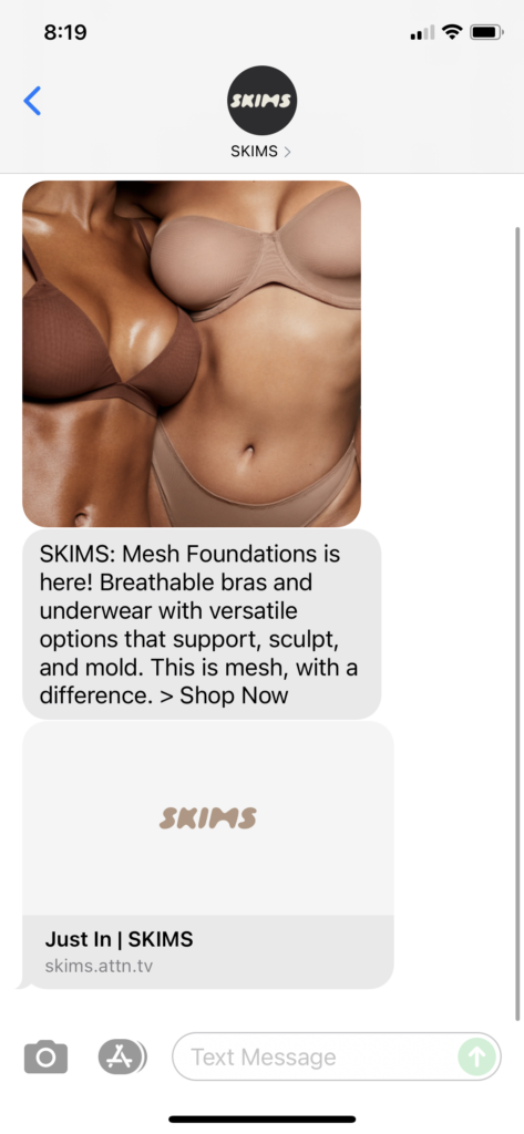 SKIMS Text Message Marketing Example - 08.18.2021