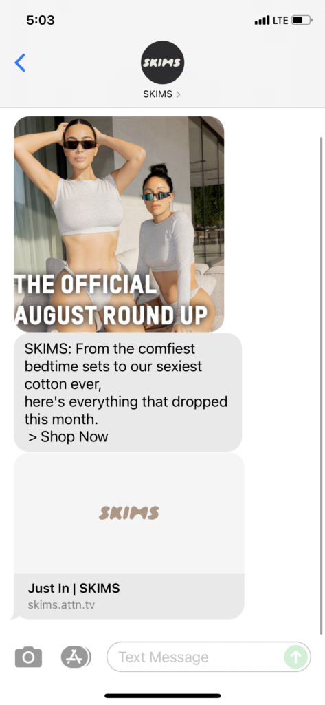 SKIMS Text Message Marketing Example - 08.28.2021