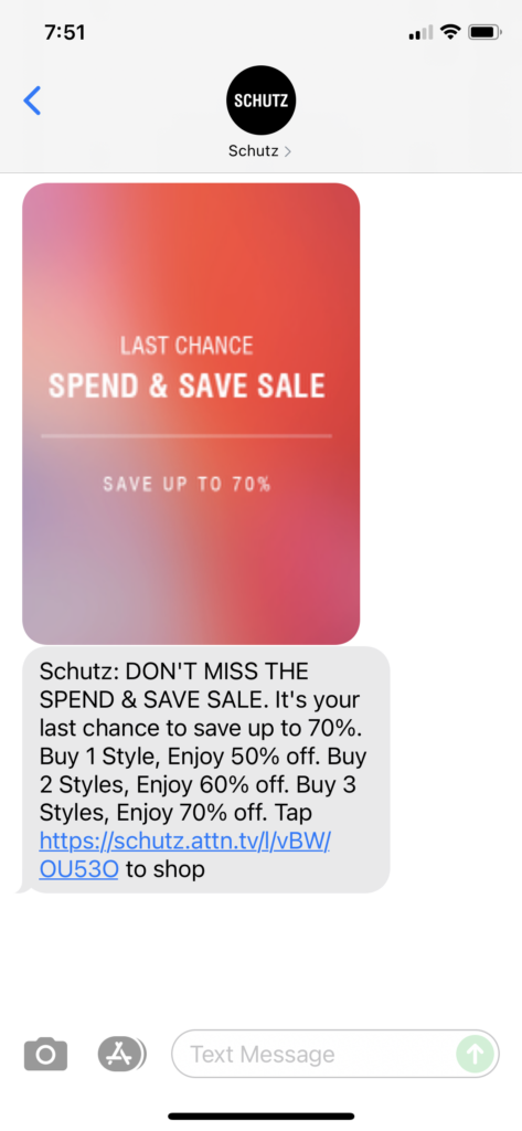 Schutz Text Message Marketing Example - 08.15.2021
