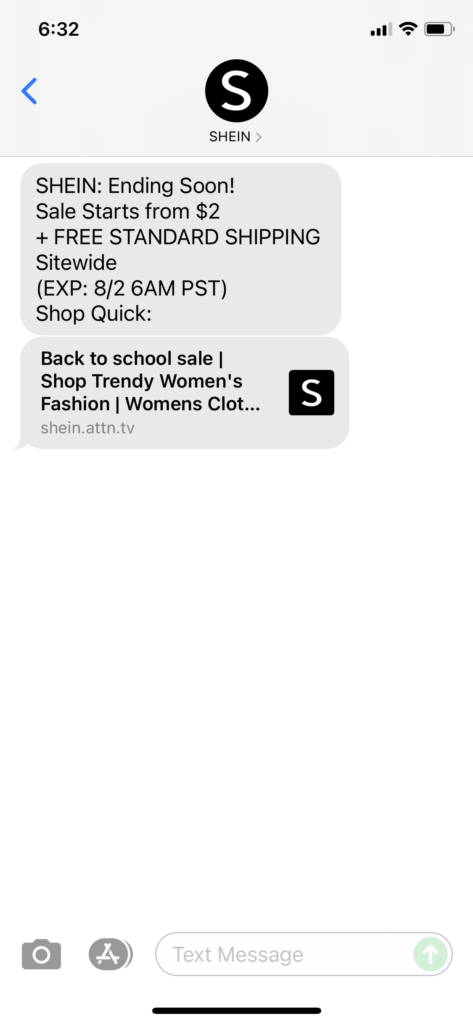 Shein Text Message Marketing Example - 08.01.2021