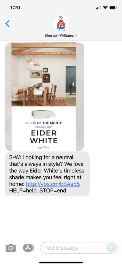 Sherwin Williams Text Message Marketing Example - 08.13.2021