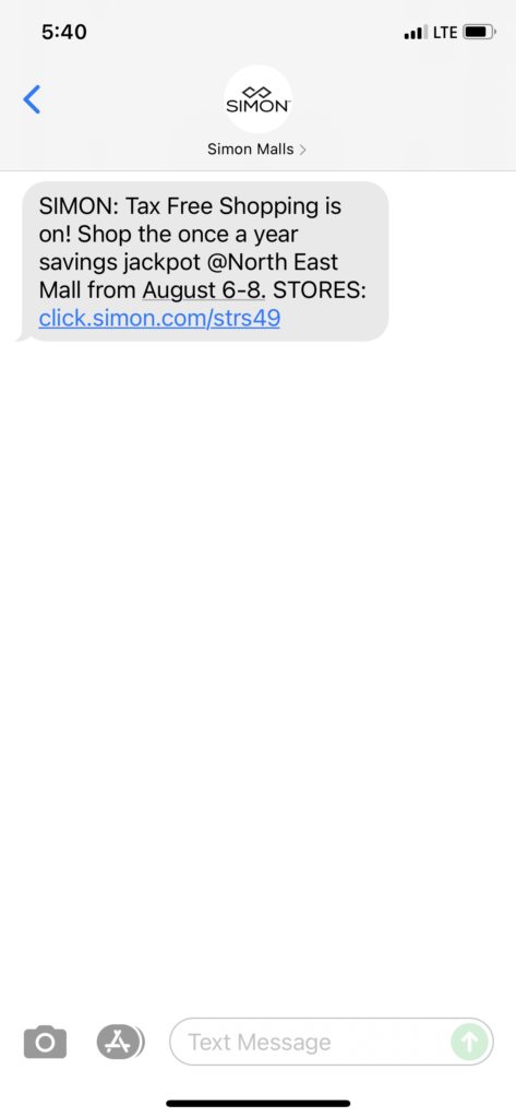 Simon Malls Text Message Marketing Example - 08.02.2021