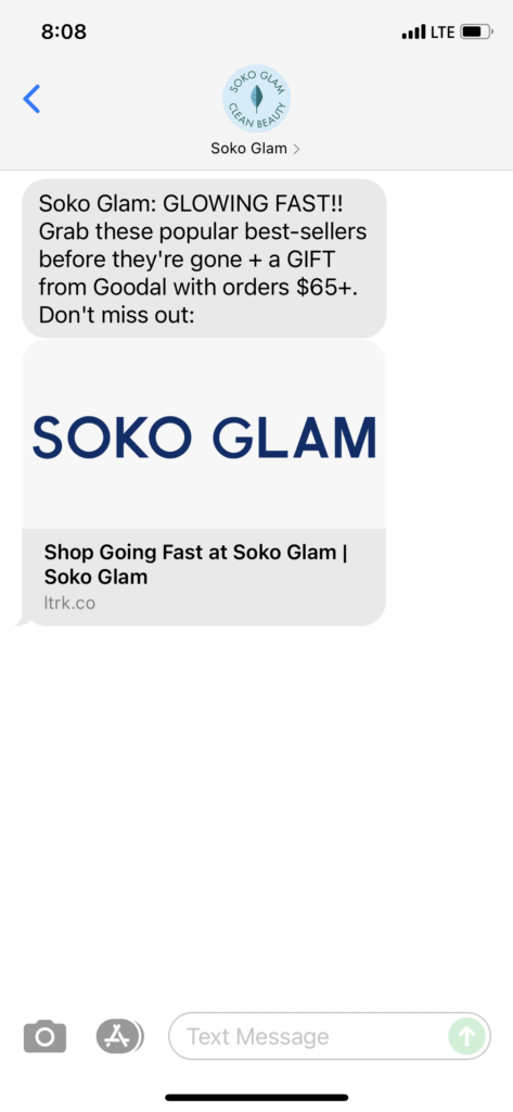 Soko Glam Text Message Marketing Example - 08.25.2021