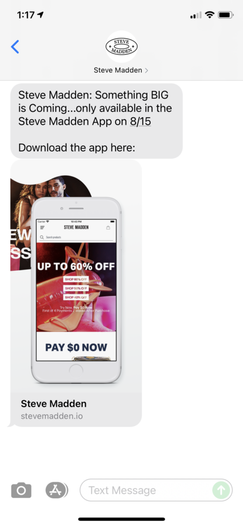 Steve Madden Text Message Marketing Example - 08.13.2021