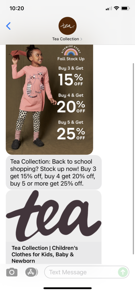 Tea Collection Text Message Marketing Example - 08.20.2021