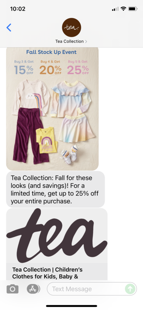 Tea Collection Text Message Marketing Example - 08.22.2021