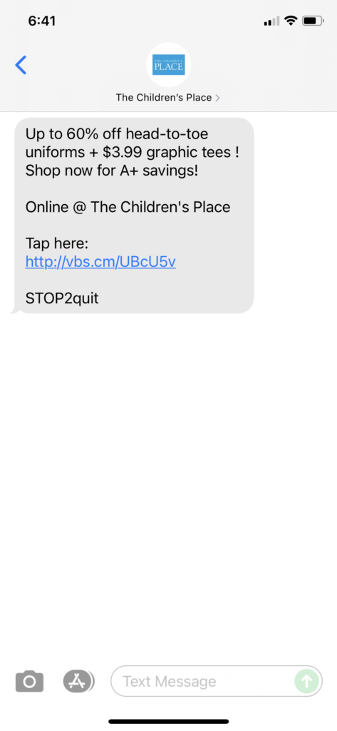 The Children's Place Text Message Marketing Example - 07.31.2021