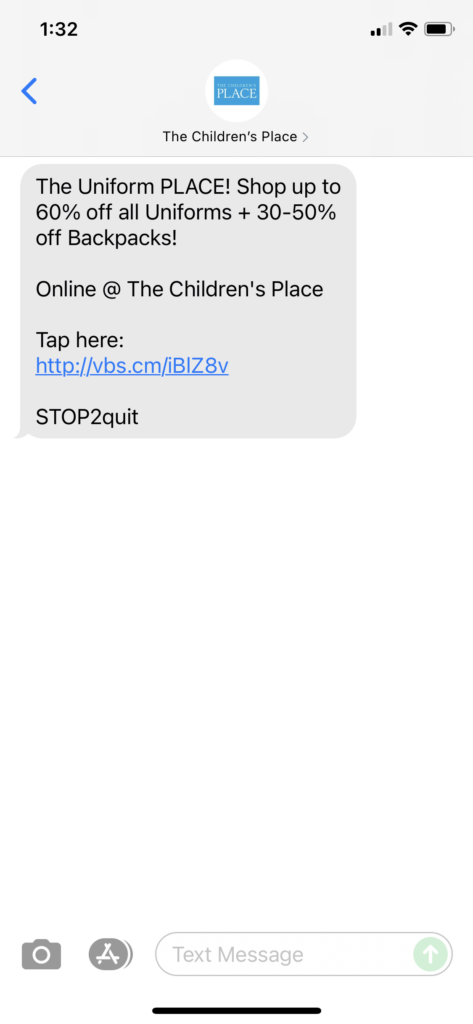 The Children's Place Text Message Marketing Example - 08.12.2021