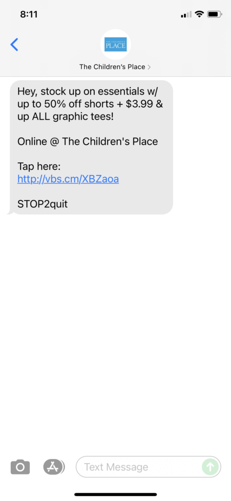 The Children's Place Text Message Marketing Example - 08.14.2021