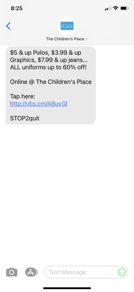 The Children's Place Text Message Marketing Example - 08.17.2021
