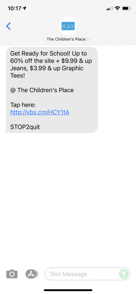 The Children's Place Text Message Marketing Example - 08.21.2021