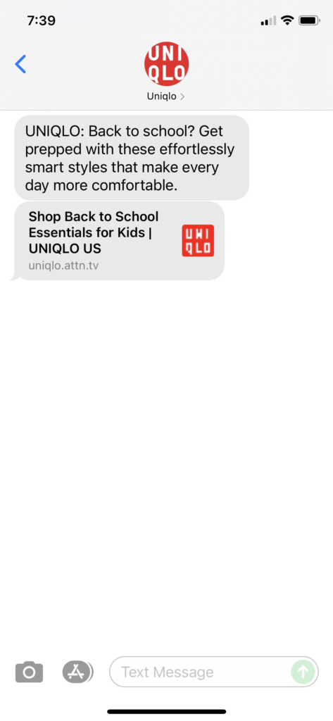 UNIQLO Text Message Marketing Example - 08.16.2021