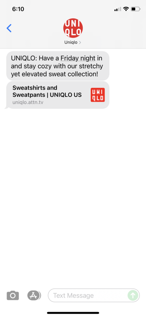 UNIQLO Text Message Marketing Example - 08.20.2021
