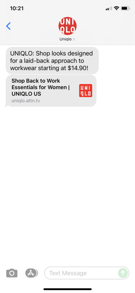 UNIQLO Text Message Marketing Example - 08.21.2021