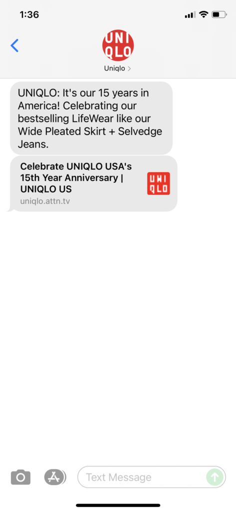 UNIQLO Text Message Marketing Example - 08.23.2021