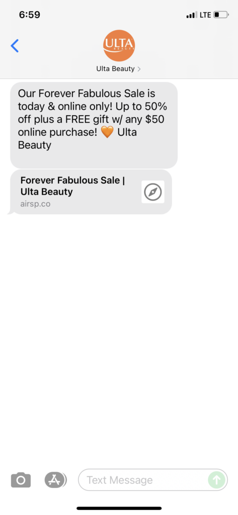 Ulta Beauty Text Message Marketing Example - 08.04.2021
