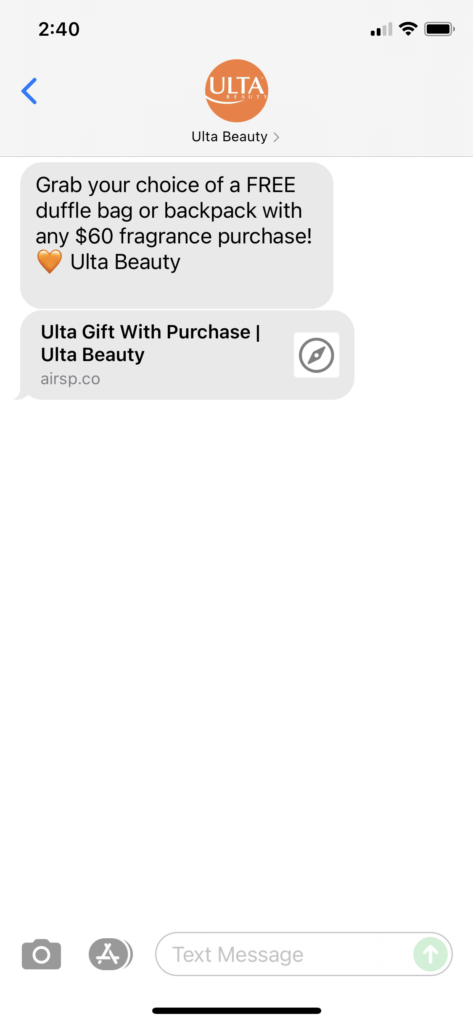 Ulta Beauty Text Message Marketing Example - 08.06.2021