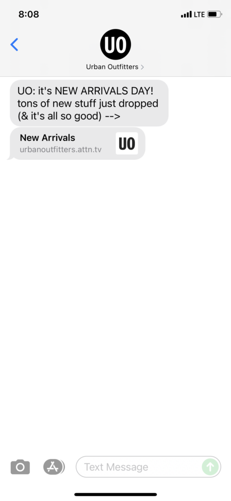 Urban Outfitters Text Message Marketing Example - 08.25.2021