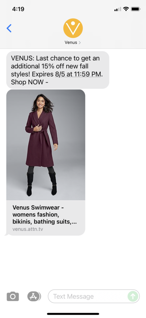 Venus Text Message Marketing Example - 08.05.2021