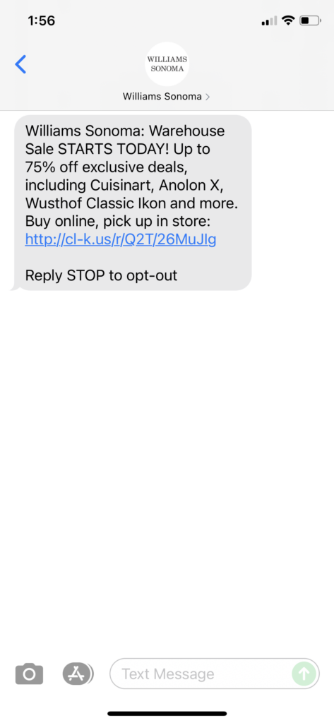 Wiliams Sonoma Text Message Marketing Example - 08.09.2021