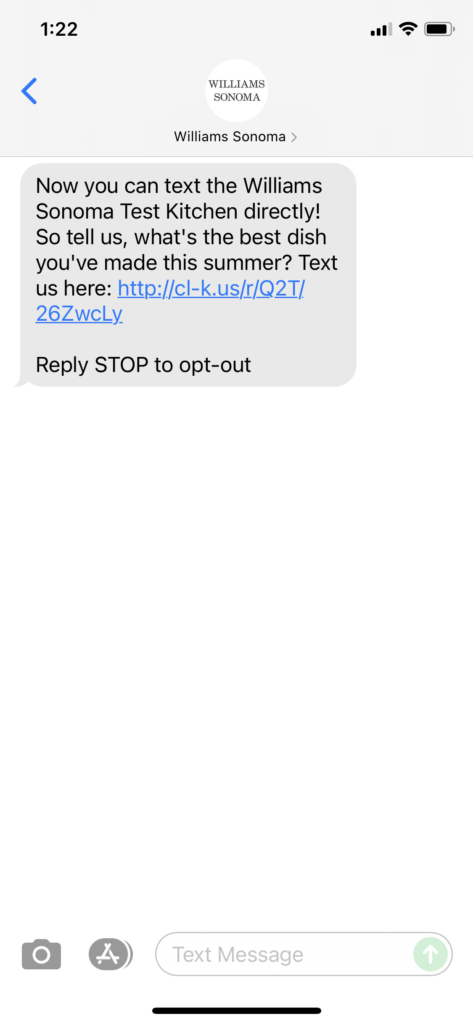 Williams Sonoma Text Message Marketing Example - 08.13.2021