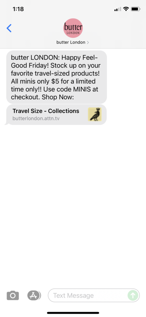 butter London Text Message Marketing Example - 08.13.2021