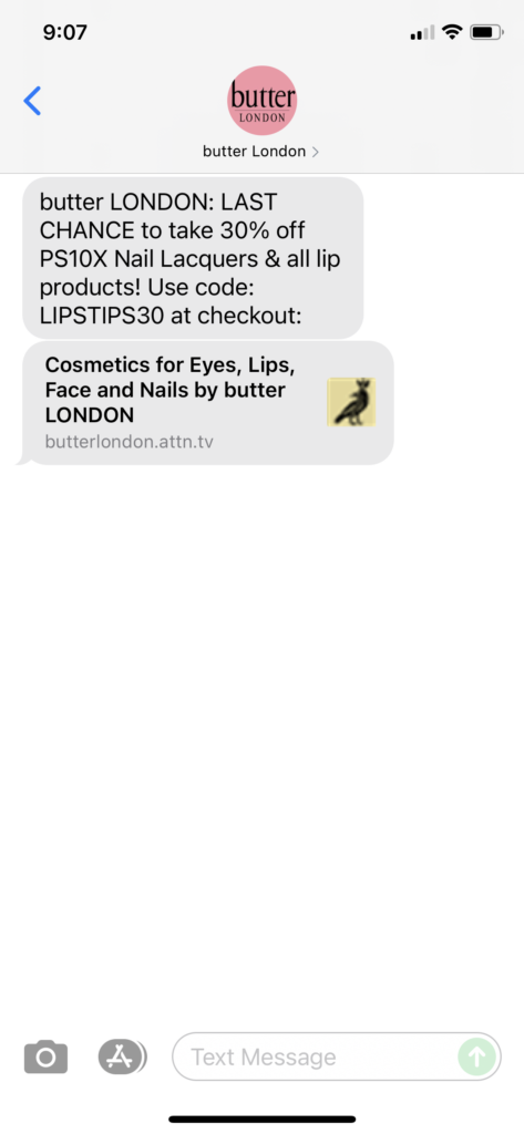 butter London Text Message Marketing Example - 08.29.2021