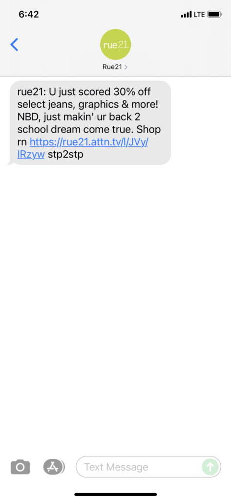 rue21 Text Message Marketing Example - 08.10.2021
