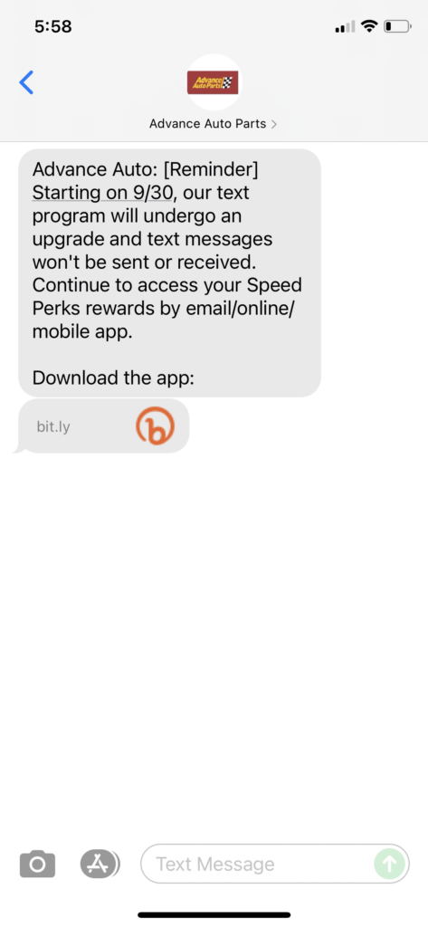 Advance Auto Text Message Marketing Example - 09.28.2021