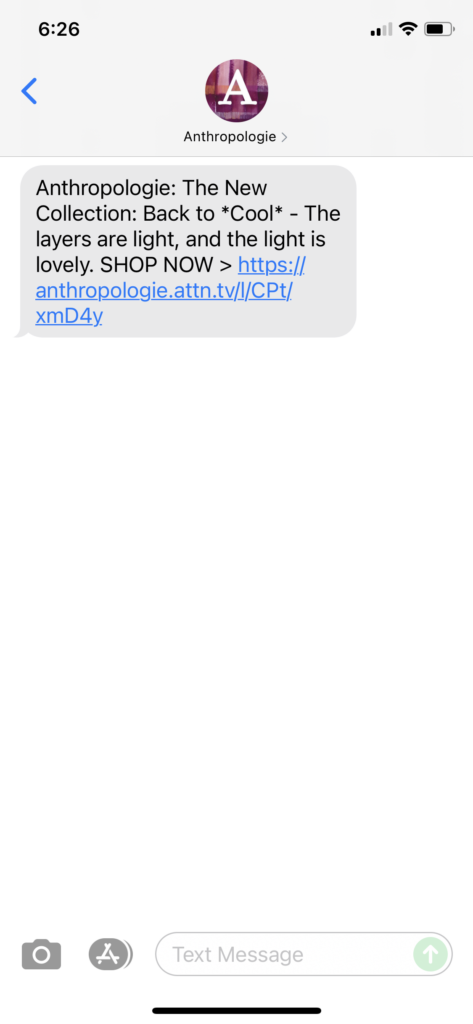 Anthropologie Text Message Marketing Example - 09.27.2021