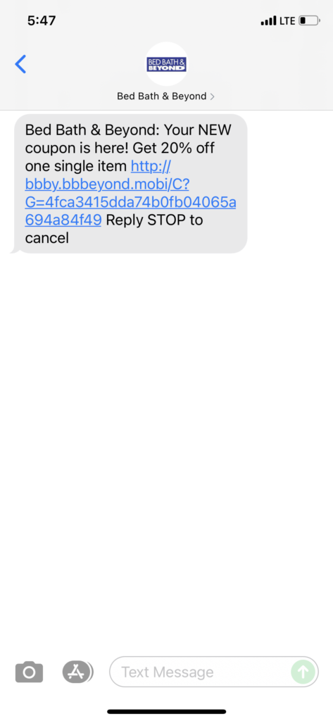 Bed Bath & Beyond Text Message Marketing Example - 09.01.2021