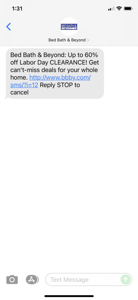 Bed Bath & Beyond Text Message Marketing Example - 09.03.2021